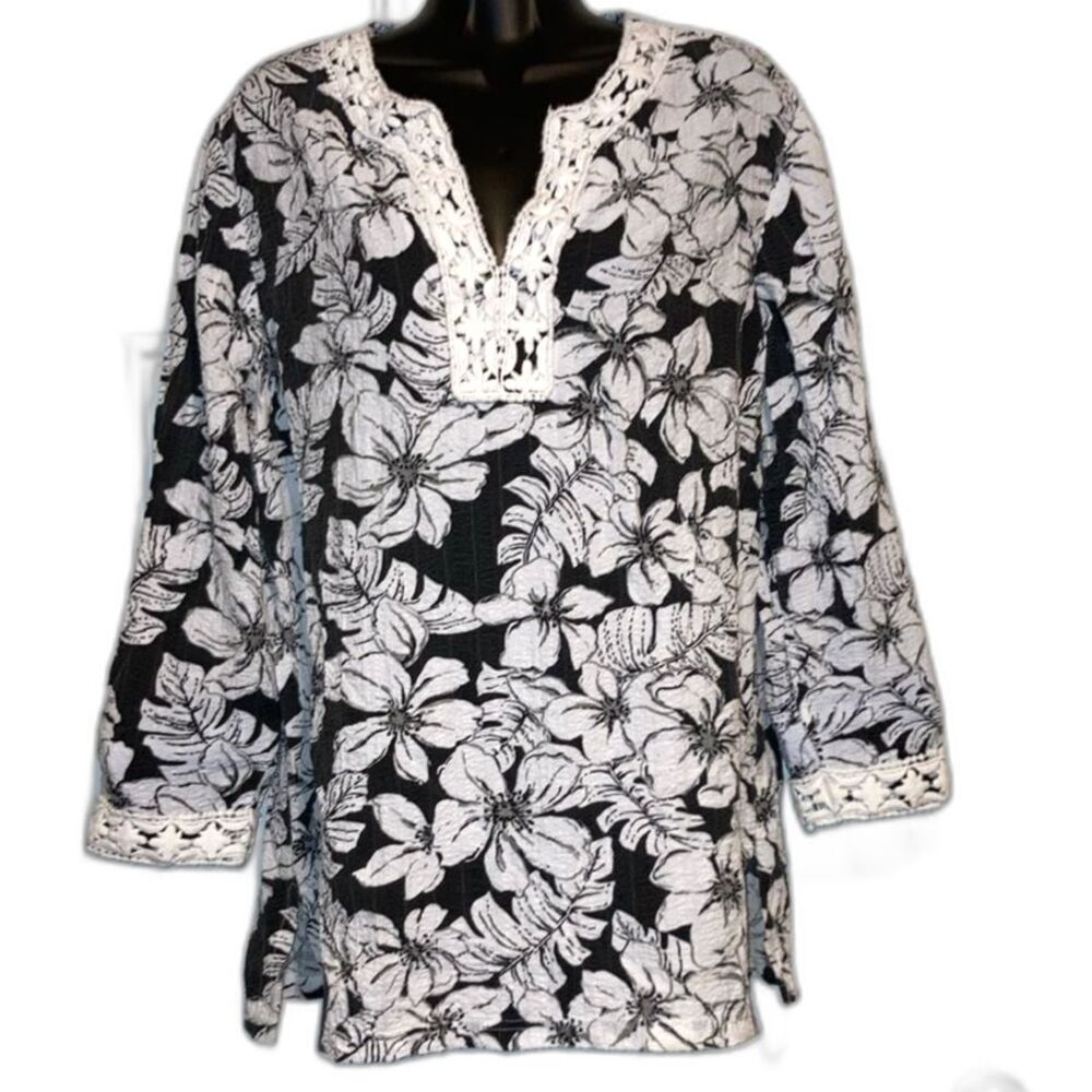 Tunic Long Sleeves Embroidered Crochet Floral Black White Womens Large